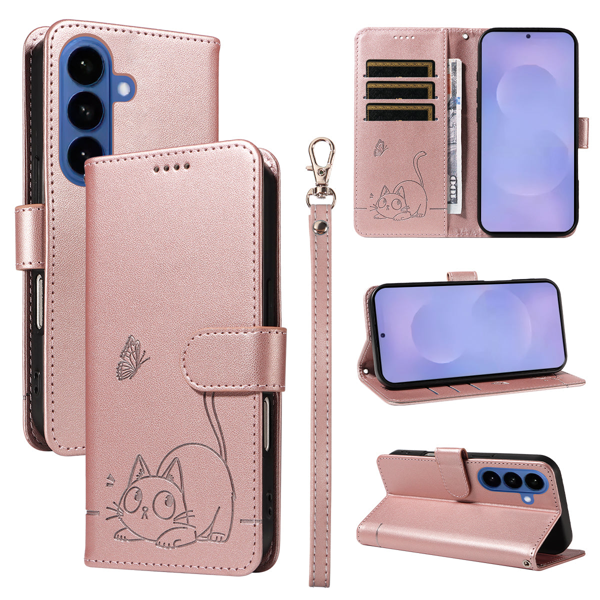 For-Samsung-Galaxy-S26-/-S26-Pro-Case-Cat-Pattern-Imprint-Leather-Phone-Cover-with-Wrist-Strap-Rose-Gold