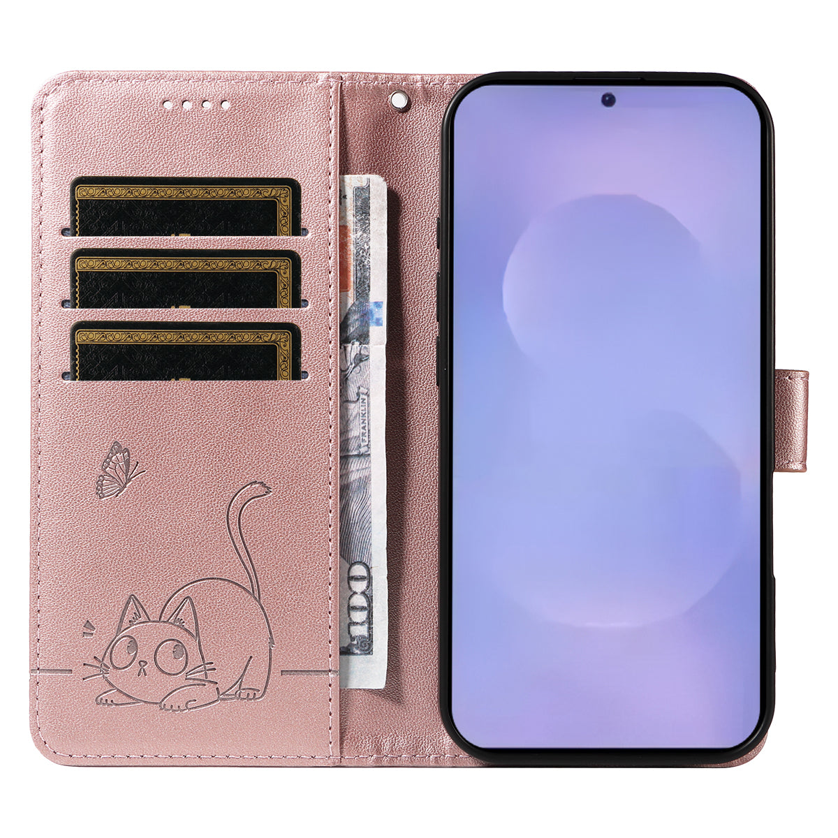 For-Samsung-Galaxy-S26-/-S26-Pro-Case-Cat-Pattern-Imprint-Leather-Phone-Cover-with-Wrist-Strap-Rose-Gold