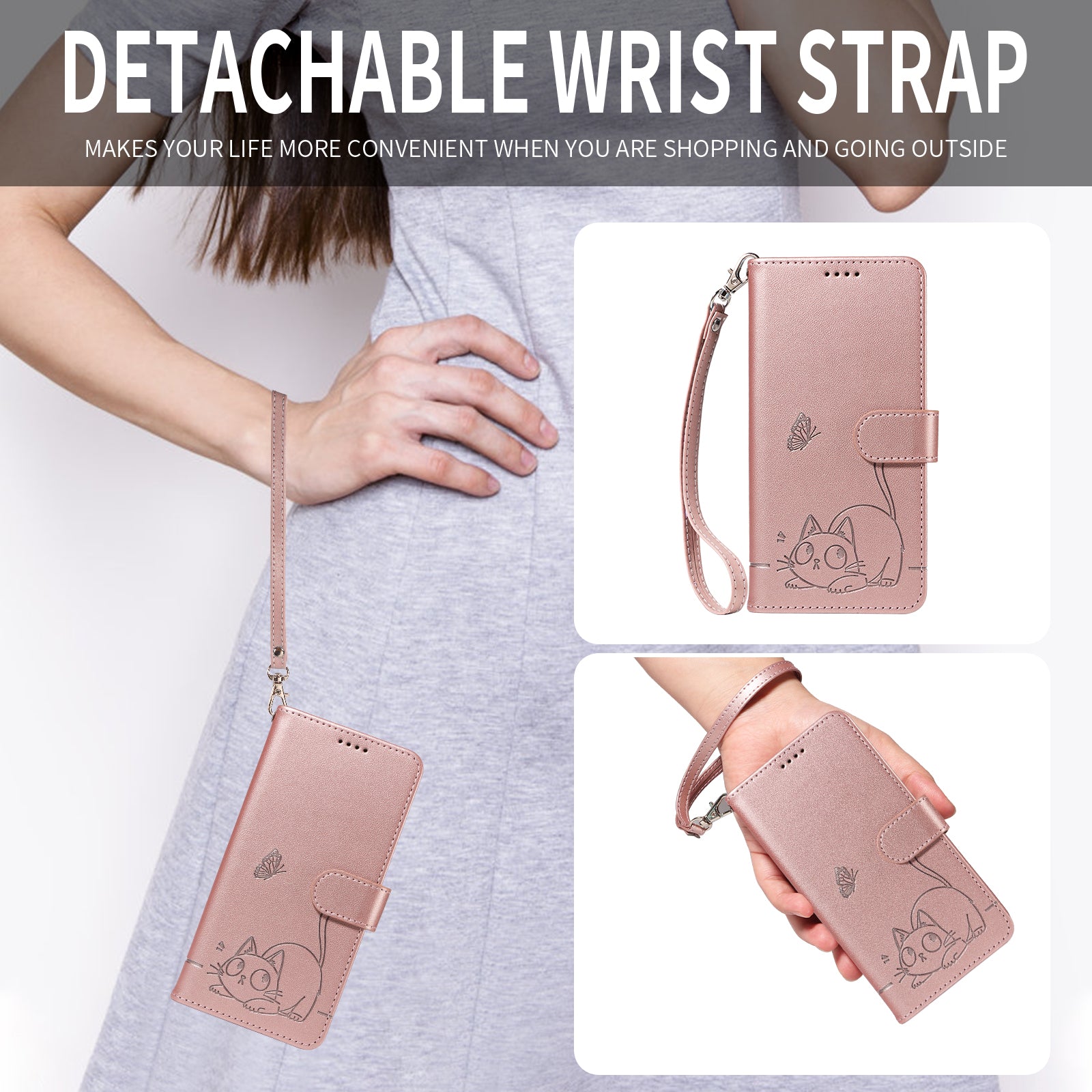 For-Samsung-Galaxy-S26-/-S26-Pro-Case-Cat-Pattern-Imprint-Leather-Phone-Cover-with-Wrist-Strap-Rose-Gold