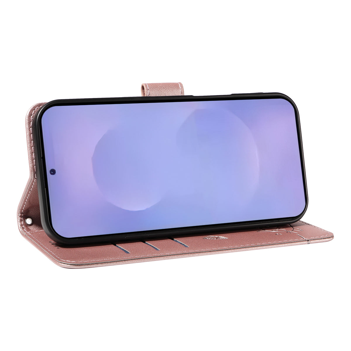 For-Samsung-Galaxy-S26-/-S26-Pro-Case-Cat-Pattern-Imprint-Leather-Phone-Cover-with-Wrist-Strap-Rose-Gold