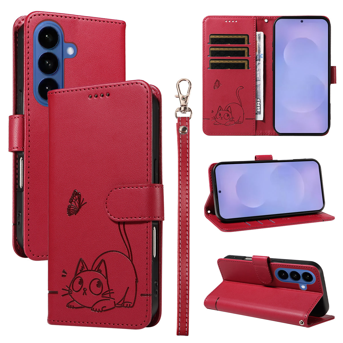 For-Samsung-Galaxy-S26-/-S26-Pro-Case-Cat-Pattern-Imprint-Leather-Phone-Cover-with-Wrist-Strap-Red