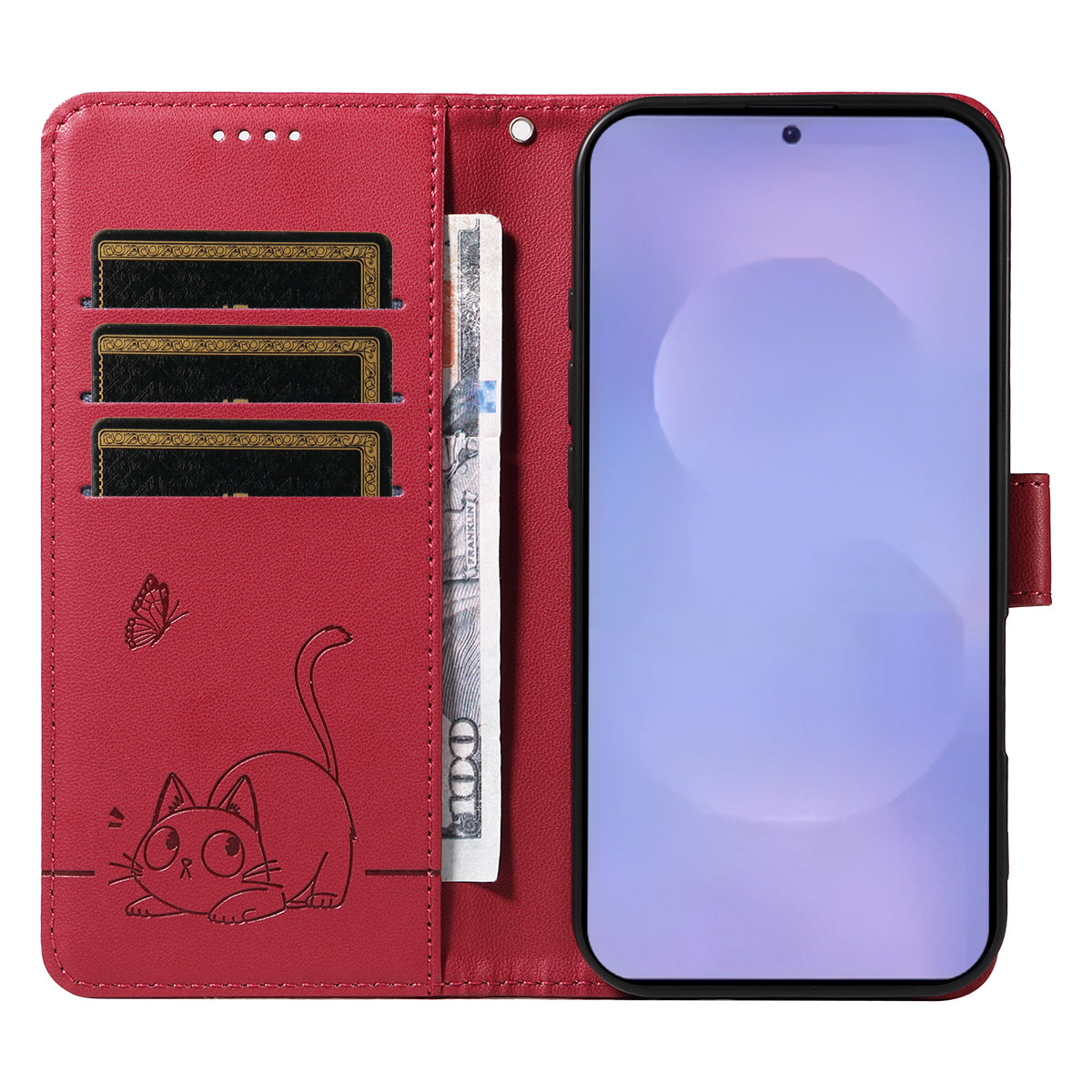 For-Samsung-Galaxy-S26-/-S26-Pro-Case-Cat-Pattern-Imprint-Leather-Phone-Cover-with-Wrist-Strap-Red