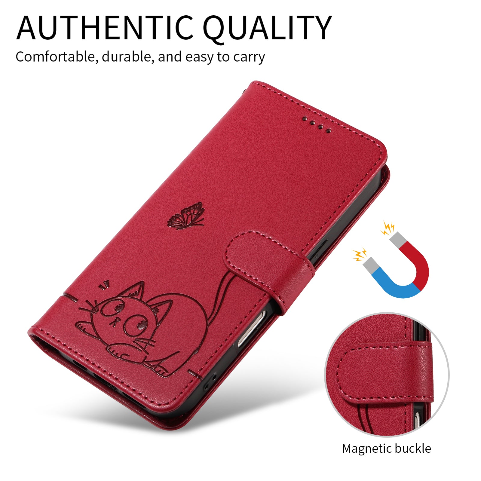 For-Samsung-Galaxy-S26-/-S26-Pro-Case-Cat-Pattern-Imprint-Leather-Phone-Cover-with-Wrist-Strap-Red
