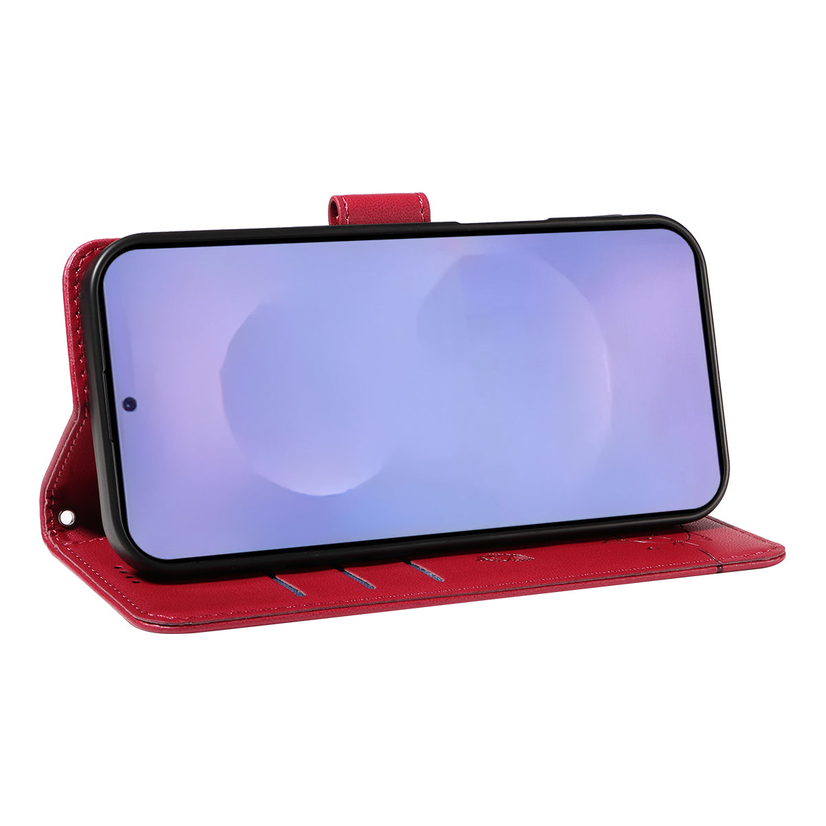 For-Samsung-Galaxy-S26-/-S26-Pro-Case-Cat-Pattern-Imprint-Leather-Phone-Cover-with-Wrist-Strap-Red