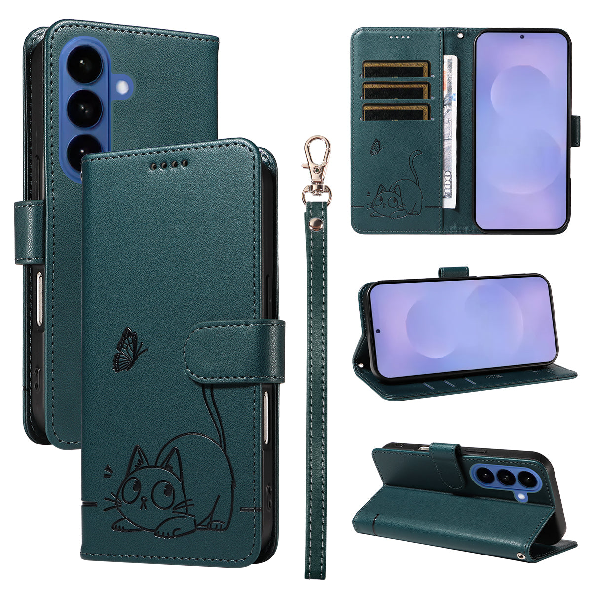 For-Samsung-Galaxy-S26-/-S26-Pro-Case-Cat-Pattern-Imprint-Leather-Phone-Cover-with-Wrist-Strap-Blue