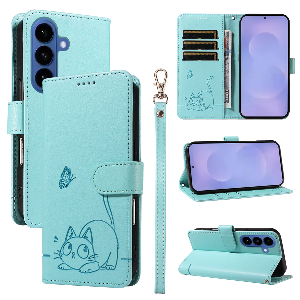 For-Samsung-Galaxy-S26-/-S26-Pro-Case-Cat-Pattern-Imprint-Leather-Phone-Cover-with-Wrist-Strap-Green