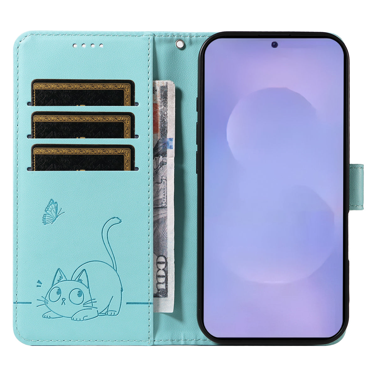 For-Samsung-Galaxy-S26-/-S26-Pro-Case-Cat-Pattern-Imprint-Leather-Phone-Cover-with-Wrist-Strap-Green