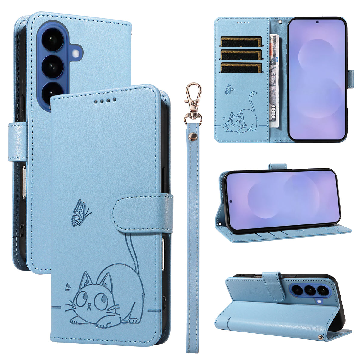 For-Samsung-Galaxy-S26-/-S26-Pro-Case-Cat-Pattern-Imprint-Leather-Phone-Cover-with-Wrist-Strap-Sky-Blue