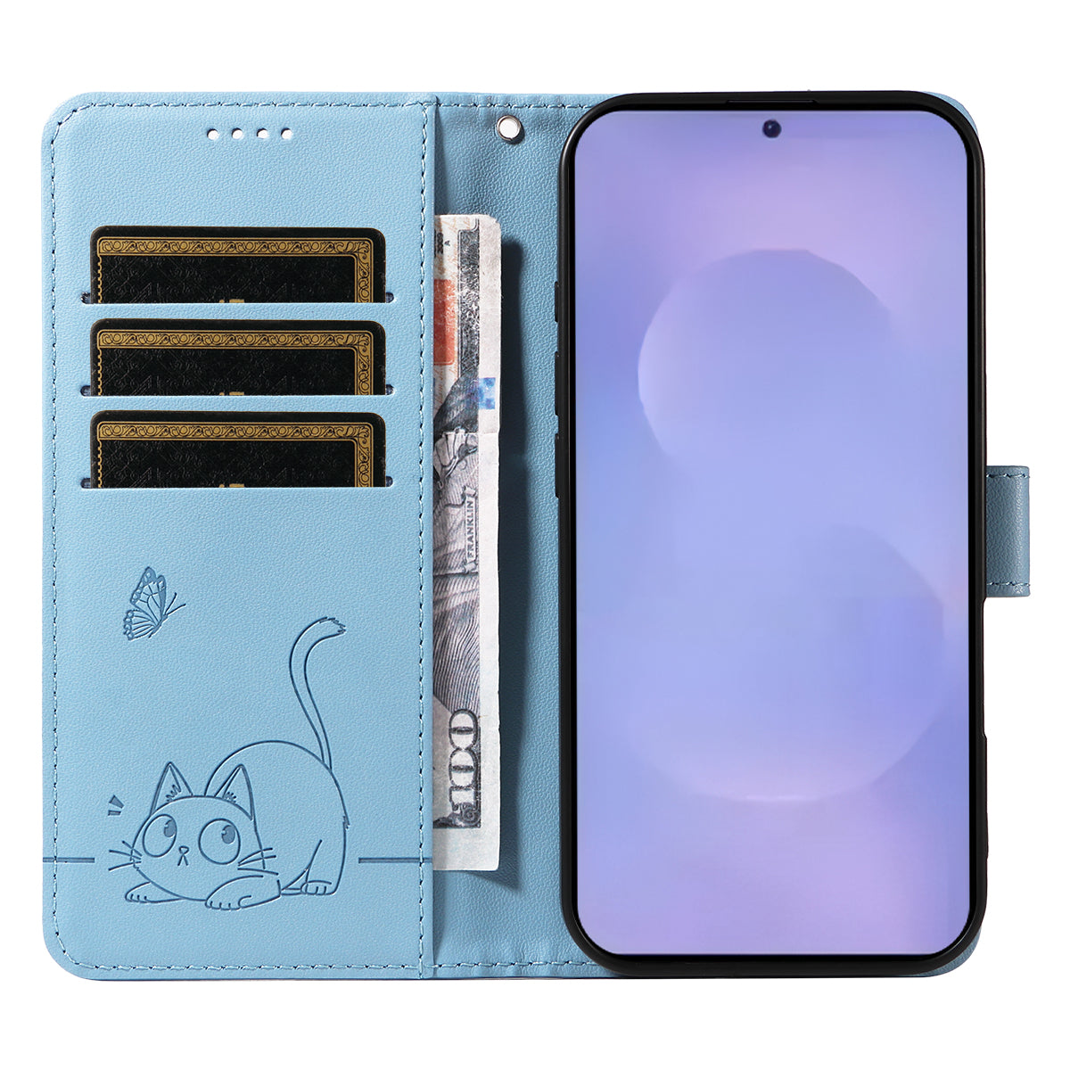 For-Samsung-Galaxy-S26-/-S26-Pro-Case-Cat-Pattern-Imprint-Leather-Phone-Cover-with-Wrist-Strap-Sky-Blue