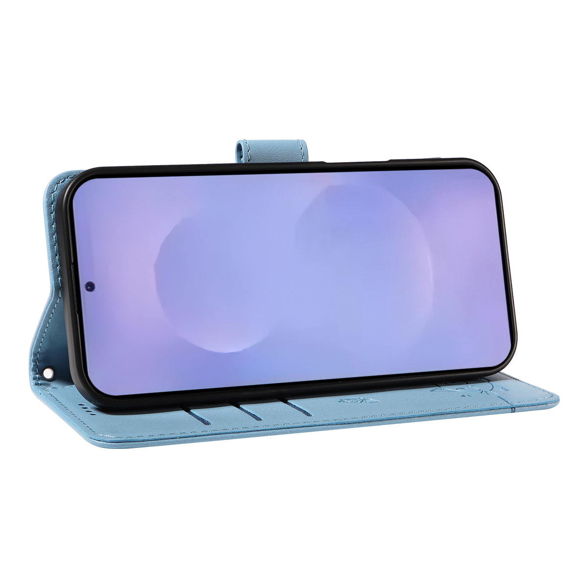 For-Samsung-Galaxy-S26-/-S26-Pro-Case-Cat-Pattern-Imprint-Leather-Phone-Cover-with-Wrist-Strap-Sky-Blue