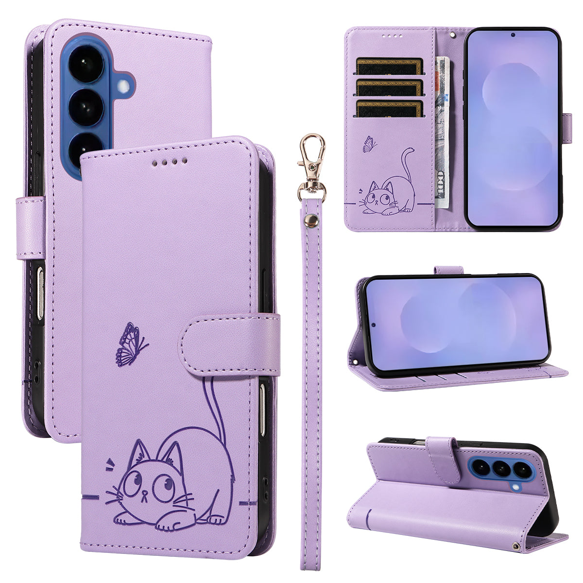 For-Samsung-Galaxy-S26-/-S26-Pro-Case-Cat-Pattern-Imprint-Leather-Phone-Cover-with-Wrist-Strap-Purple