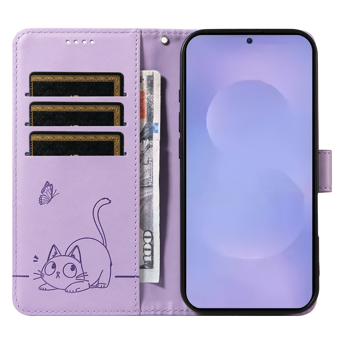 For-Samsung-Galaxy-S26-/-S26-Pro-Case-Cat-Pattern-Imprint-Leather-Phone-Cover-with-Wrist-Strap-Purple
