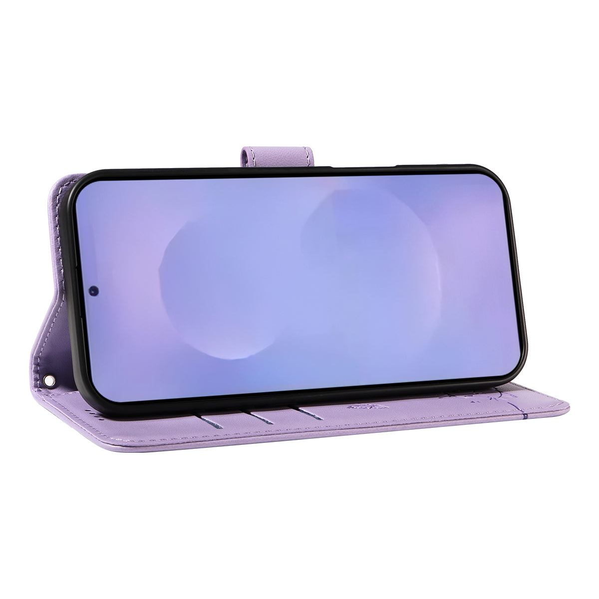 For-Samsung-Galaxy-S26-/-S26-Pro-Case-Cat-Pattern-Imprint-Leather-Phone-Cover-with-Wrist-Strap-Purple