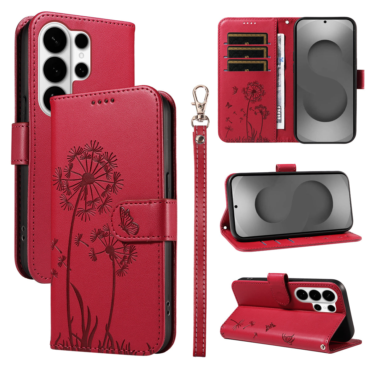 For-Samsung-Galaxy-S26-Ultra-Leather-Wallet-Case-with-Strap-Dandelion-Imprint-Phone-Stand-Cover-Red