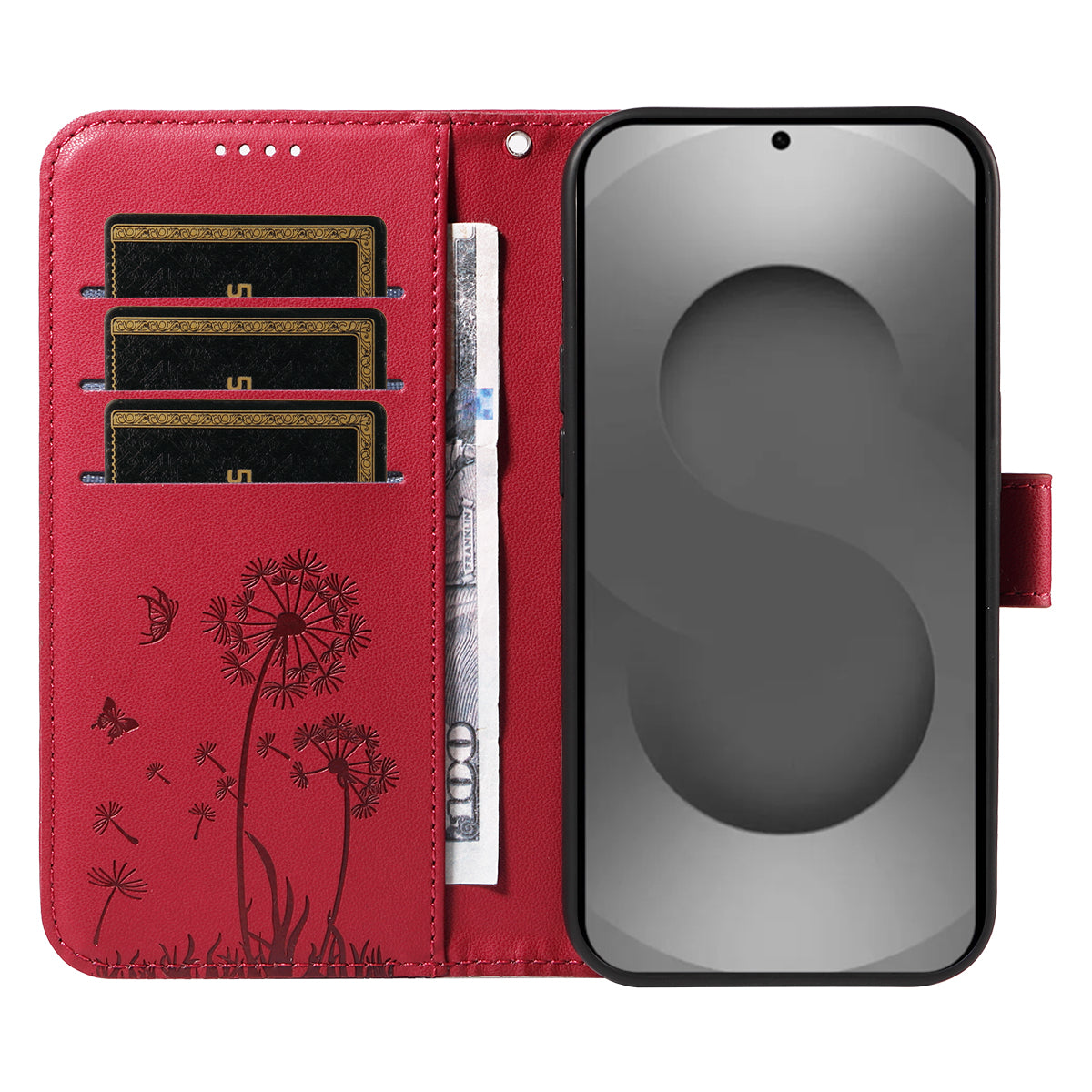 For-Samsung-Galaxy-S26-Ultra-Leather-Wallet-Case-with-Strap-Dandelion-Imprint-Phone-Stand-Cover-Red