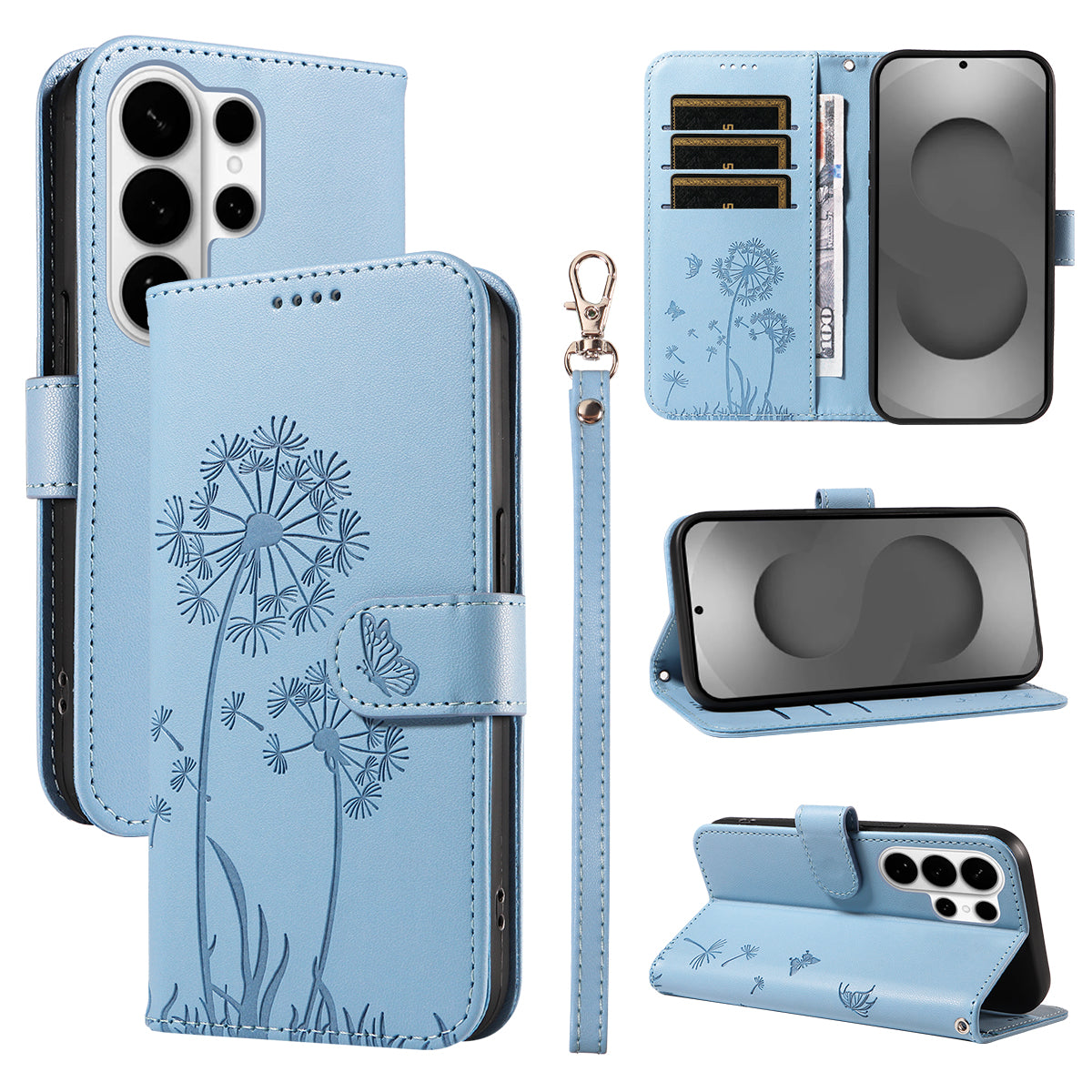 For-Samsung-Galaxy-S26-Ultra-Leather-Wallet-Case-with-Strap-Dandelion-Imprint-Phone-Stand-Cover-Sky-Blue