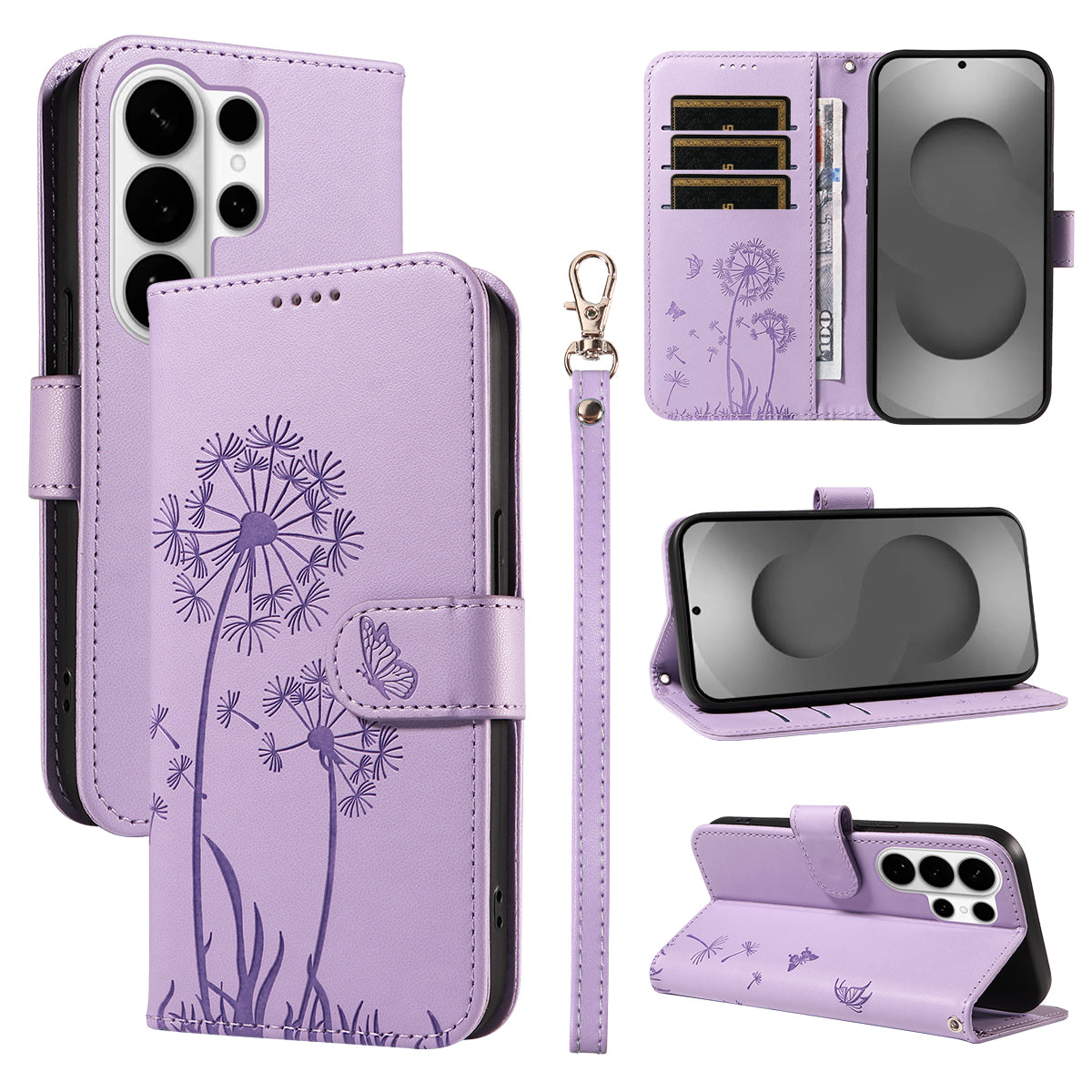 For-Samsung-Galaxy-S26-Ultra-Leather-Wallet-Case-with-Strap-Dandelion-Imprint-Phone-Stand-Cover-Purple