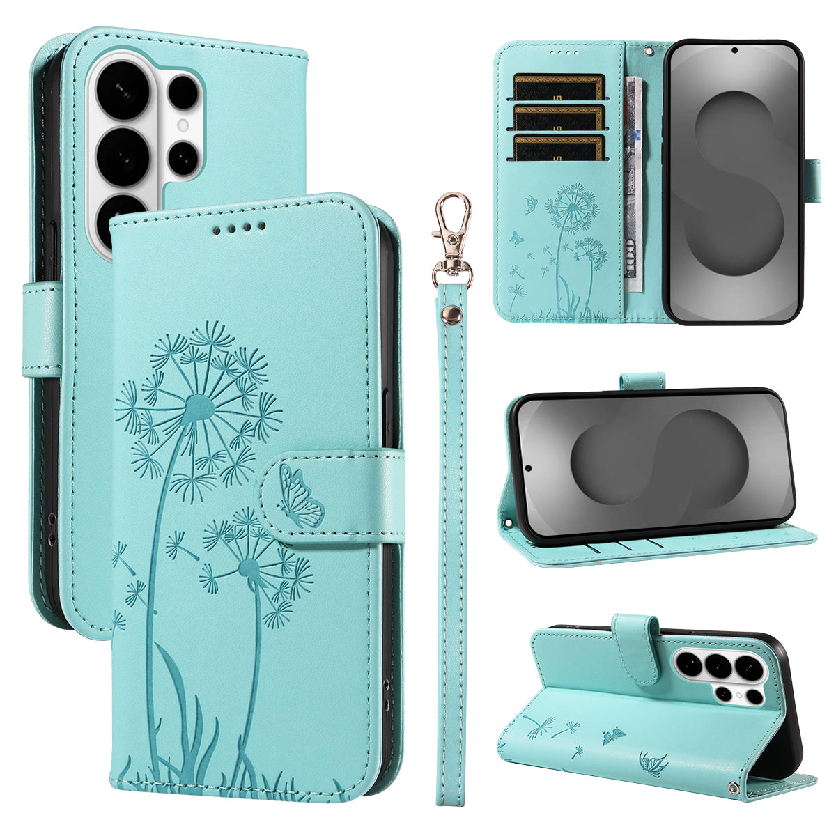 For-Samsung-Galaxy-S26-Ultra-Leather-Wallet-Case-with-Strap-Dandelion-Imprint-Phone-Stand-Cover-Green