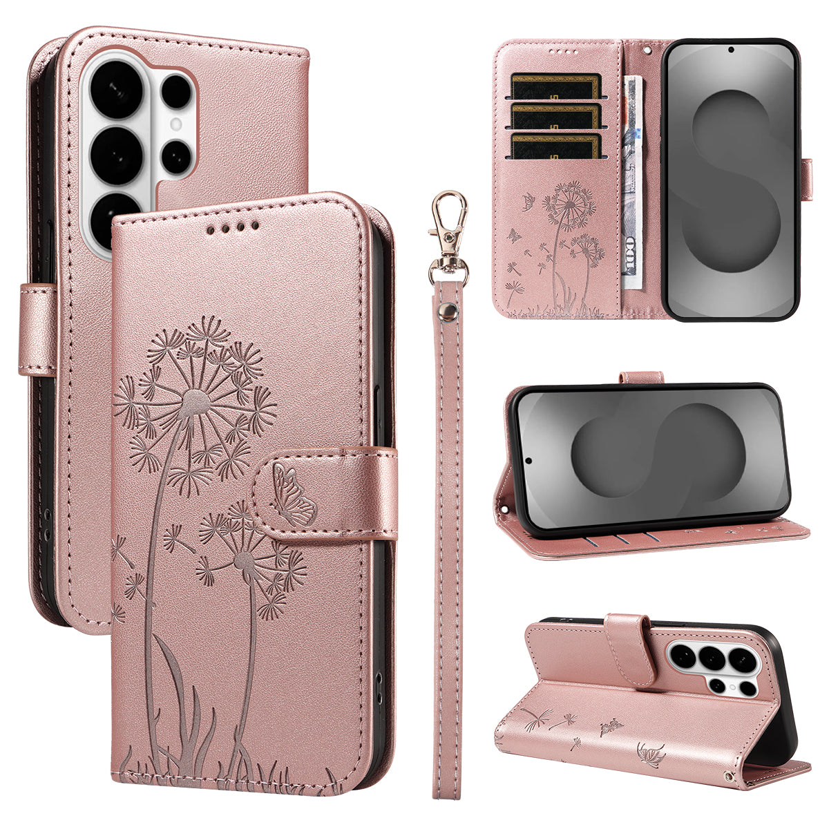 For-Samsung-Galaxy-S26-Ultra-Leather-Wallet-Case-with-Strap-Dandelion-Imprint-Phone-Stand-Cover-Rose-Gold