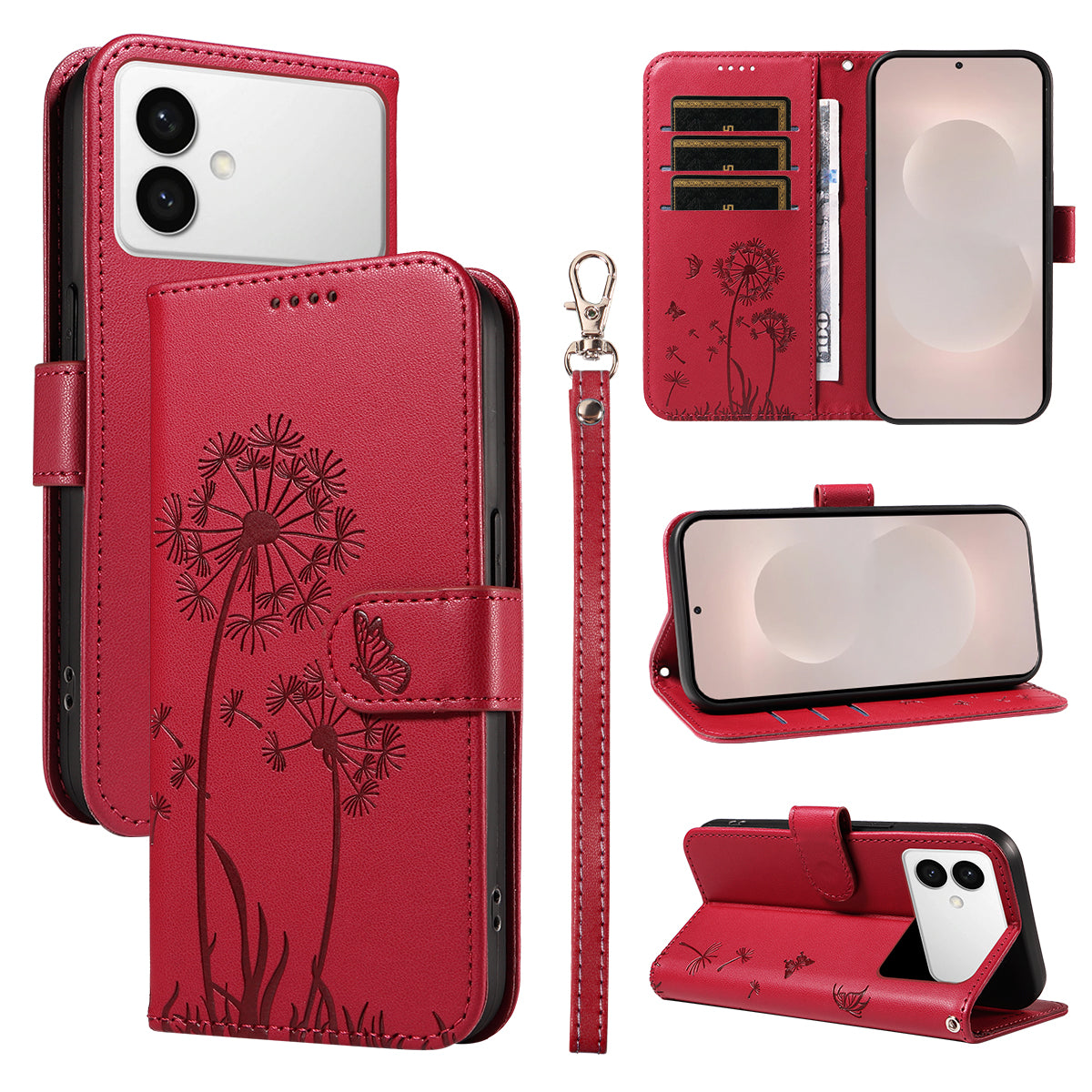 For-Samsung-Galaxy-S26-Edge-Leather-Wallet-Case-with-Strap-Dandelion-Imprint-Phone-Stand-Cover-Red