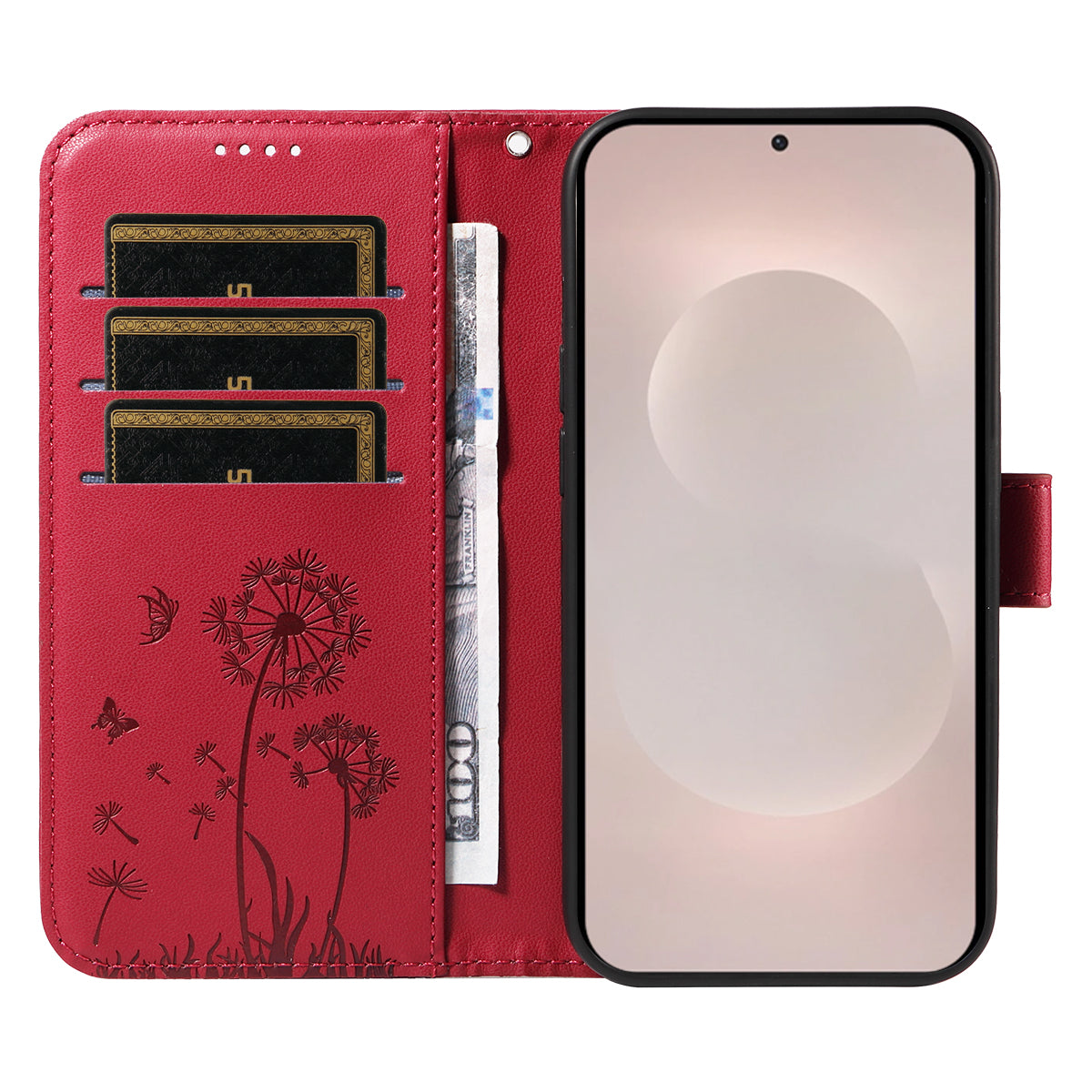 For-Samsung-Galaxy-S26-Edge-Leather-Wallet-Case-with-Strap-Dandelion-Imprint-Phone-Stand-Cover-Red