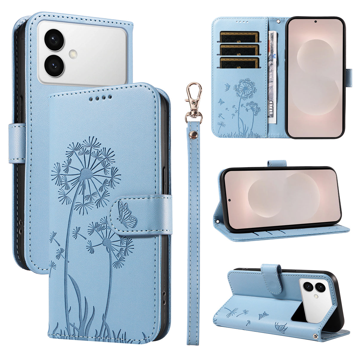 For-Samsung-Galaxy-S26-Edge-Leather-Wallet-Case-with-Strap-Dandelion-Imprint-Phone-Stand-Cover-Sky-Blue