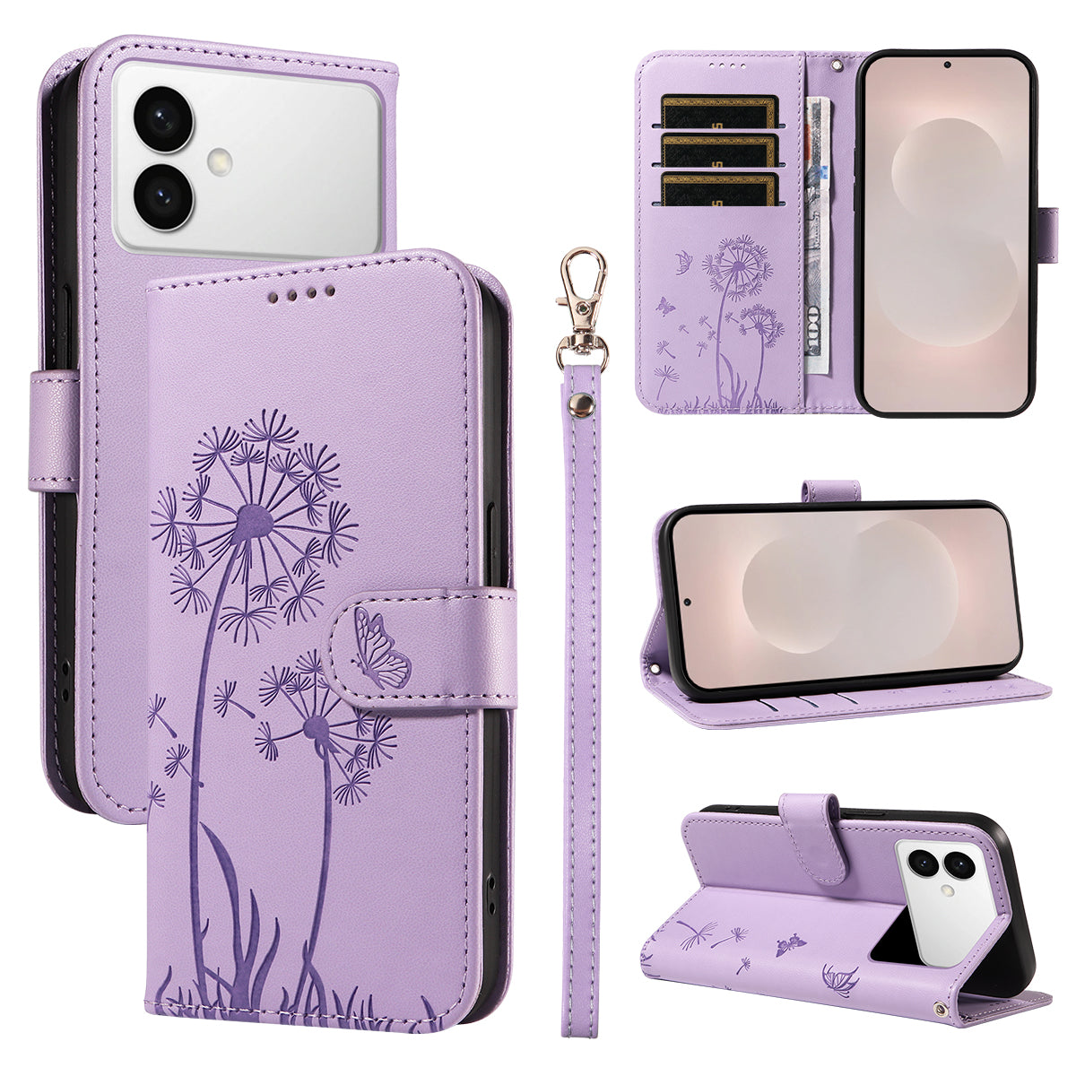 For-Samsung-Galaxy-S26-Edge-Leather-Wallet-Case-with-Strap-Dandelion-Imprint-Phone-Stand-Cover-Purple