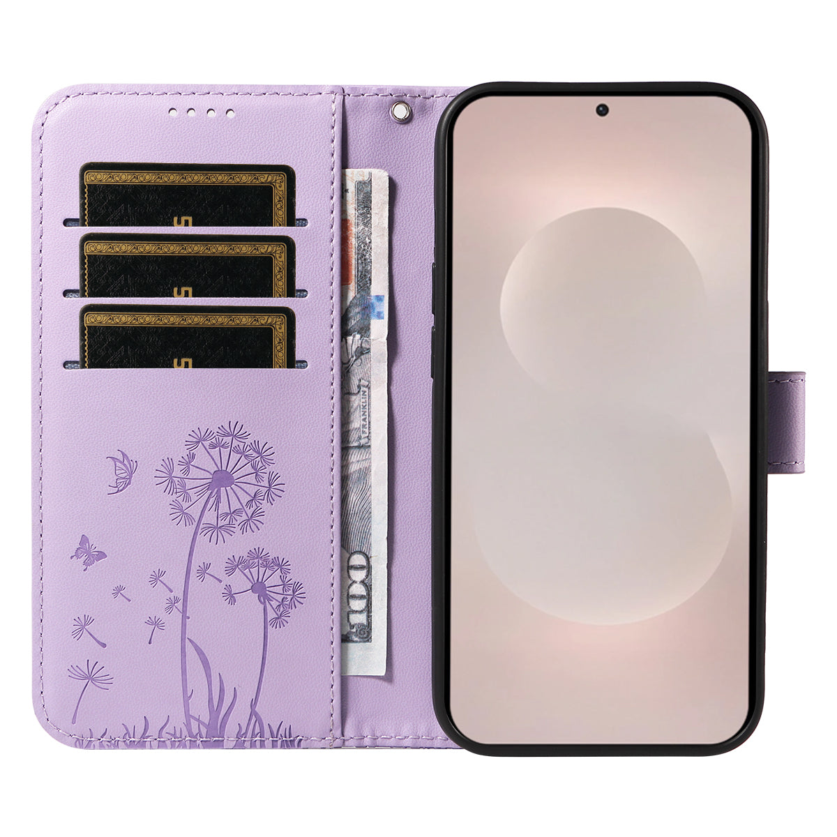 For-Samsung-Galaxy-S26-Edge-Leather-Wallet-Case-with-Strap-Dandelion-Imprint-Phone-Stand-Cover-Purple