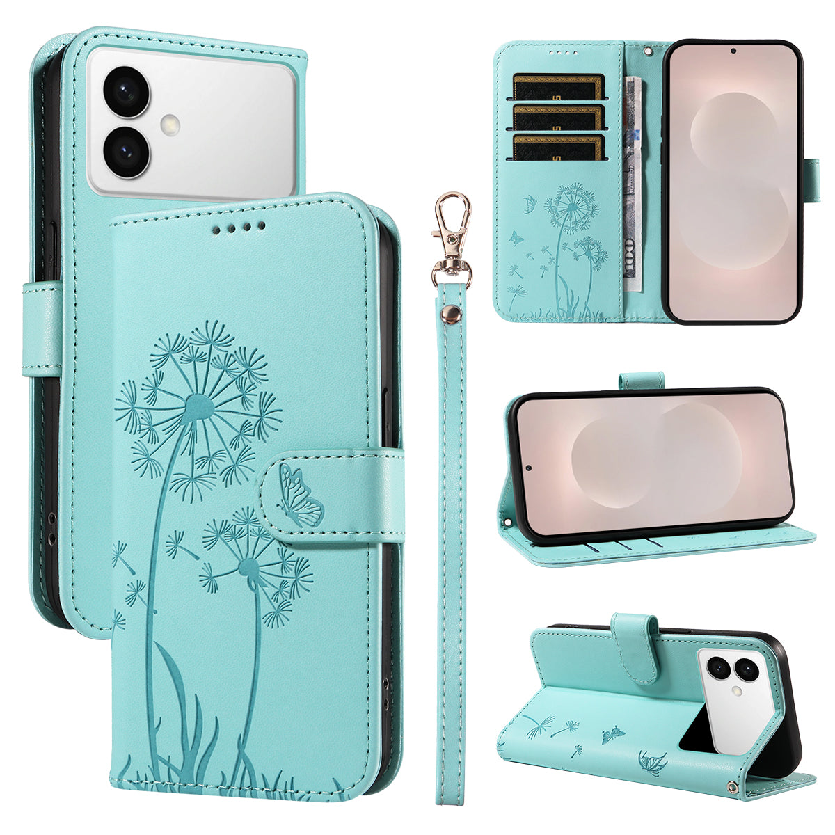 For-Samsung-Galaxy-S26-Edge-Leather-Wallet-Case-with-Strap-Dandelion-Imprint-Phone-Stand-Cover-Green