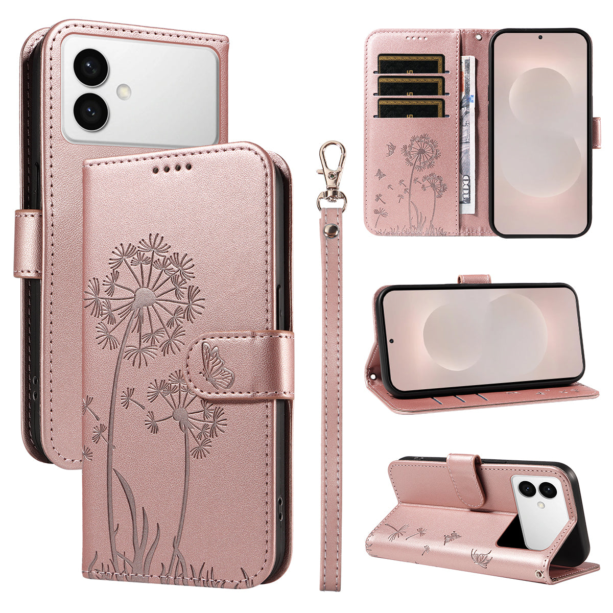 For-Samsung-Galaxy-S26-Edge-Leather-Wallet-Case-with-Strap-Dandelion-Imprint-Phone-Stand-Cover-Rose-Gold