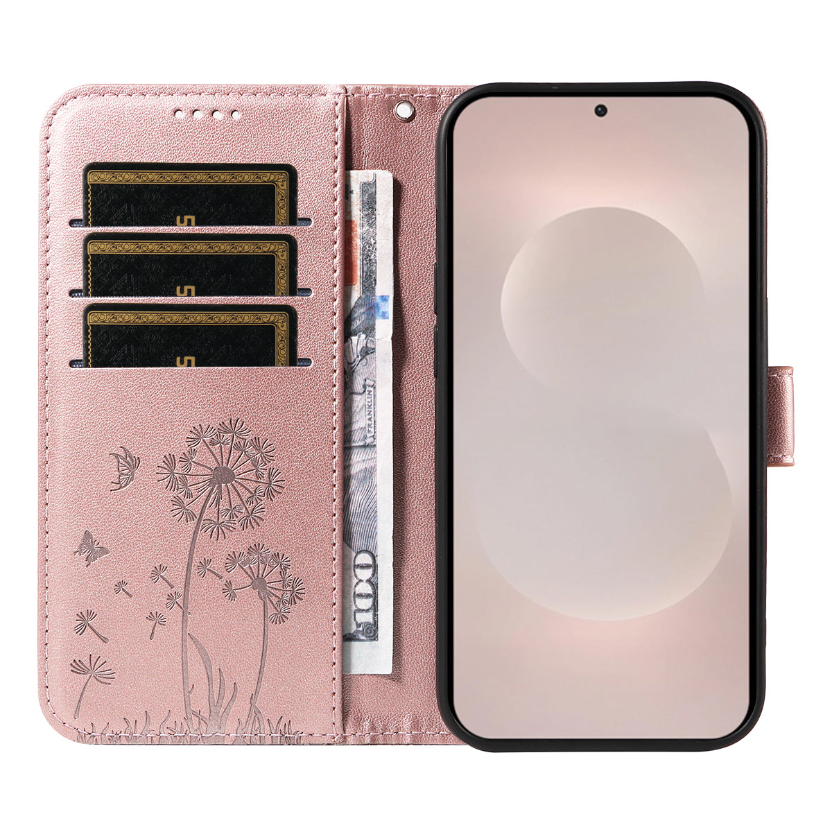 For-Samsung-Galaxy-S26-Edge-Leather-Wallet-Case-with-Strap-Dandelion-Imprint-Phone-Stand-Cover-Rose-Gold
