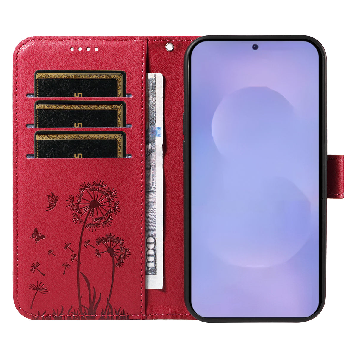 For-Samsung-Galaxy-S26-/-S26-Pro-Leather-Wallet-Case-with-Strap-Dandelion-Imprint-Phone-Stand-Cover-Red