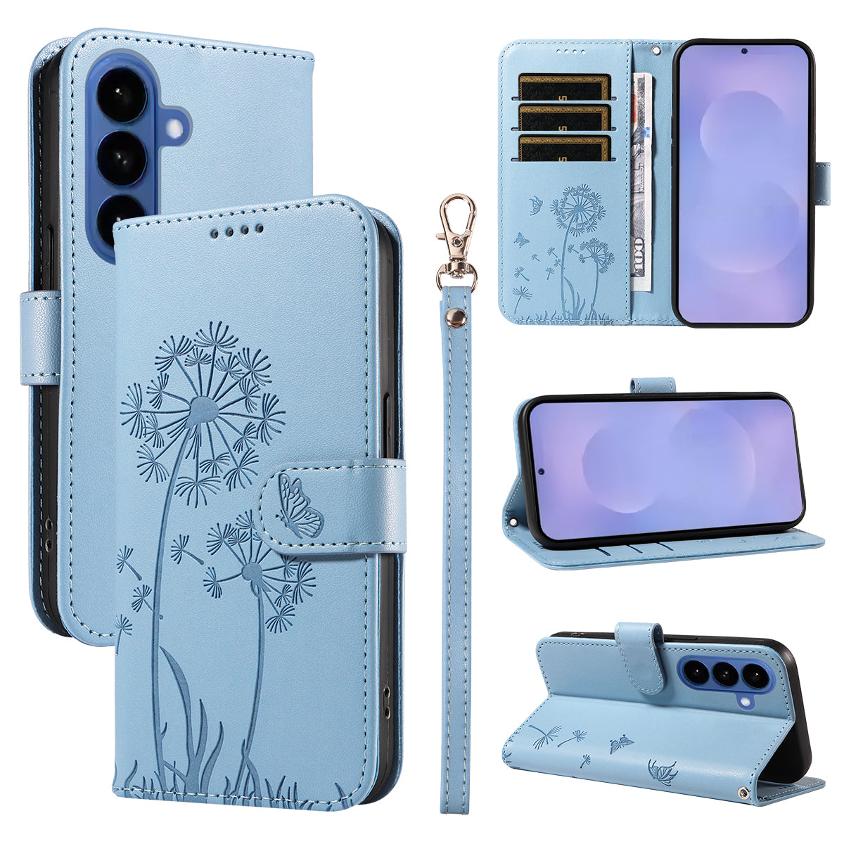 For-Samsung-Galaxy-S26-/-S26-Pro-Leather-Wallet-Case-with-Strap-Dandelion-Imprint-Phone-Stand-Cover-Sky-Blue