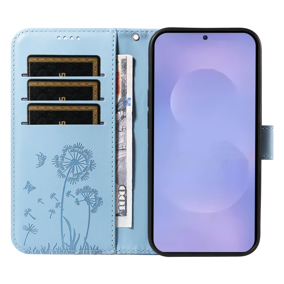 For-Samsung-Galaxy-S26-/-S26-Pro-Leather-Wallet-Case-with-Strap-Dandelion-Imprint-Phone-Stand-Cover-Sky-Blue