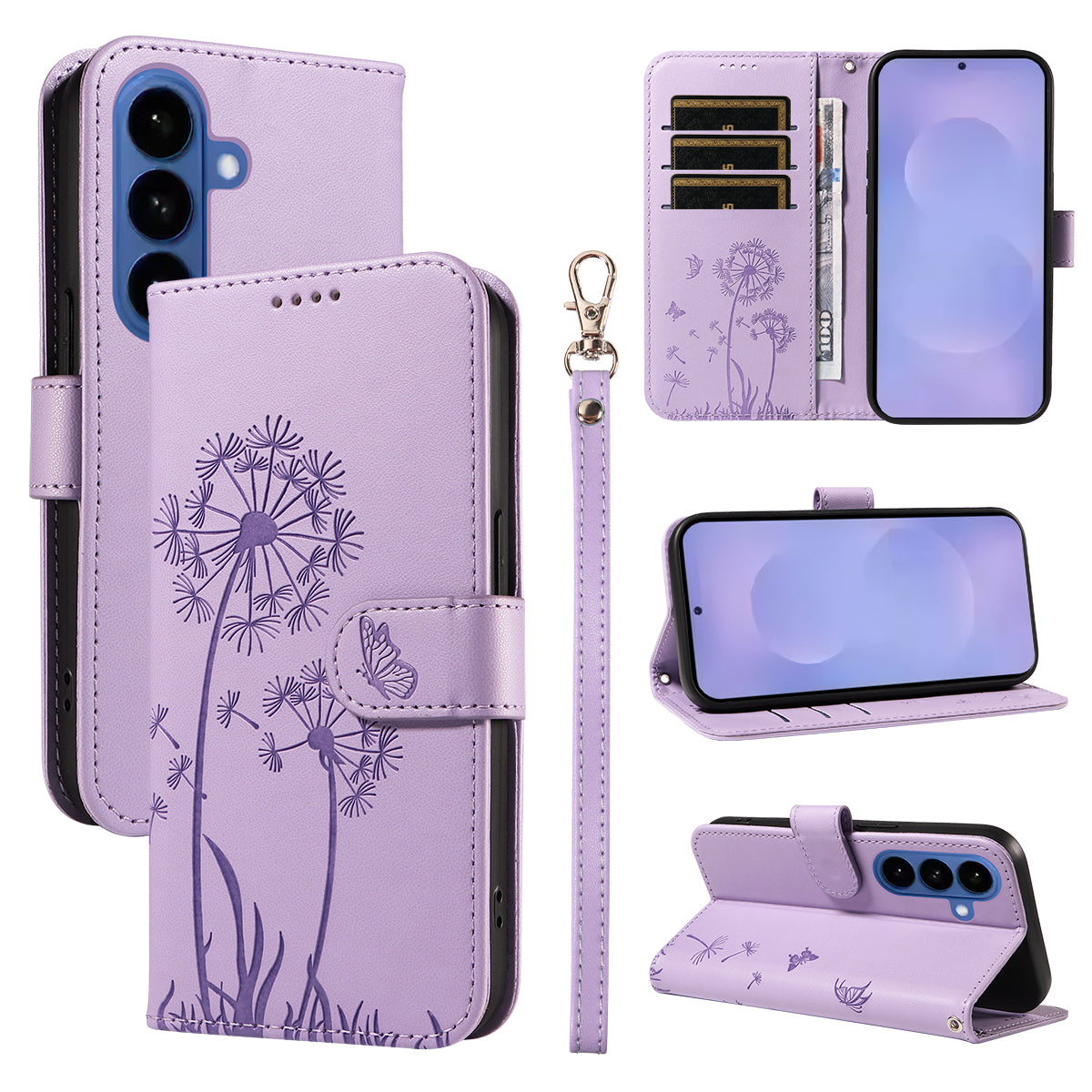 For-Samsung-Galaxy-S26-/-S26-Pro-Leather-Wallet-Case-with-Strap-Dandelion-Imprint-Phone-Stand-Cover-Purple