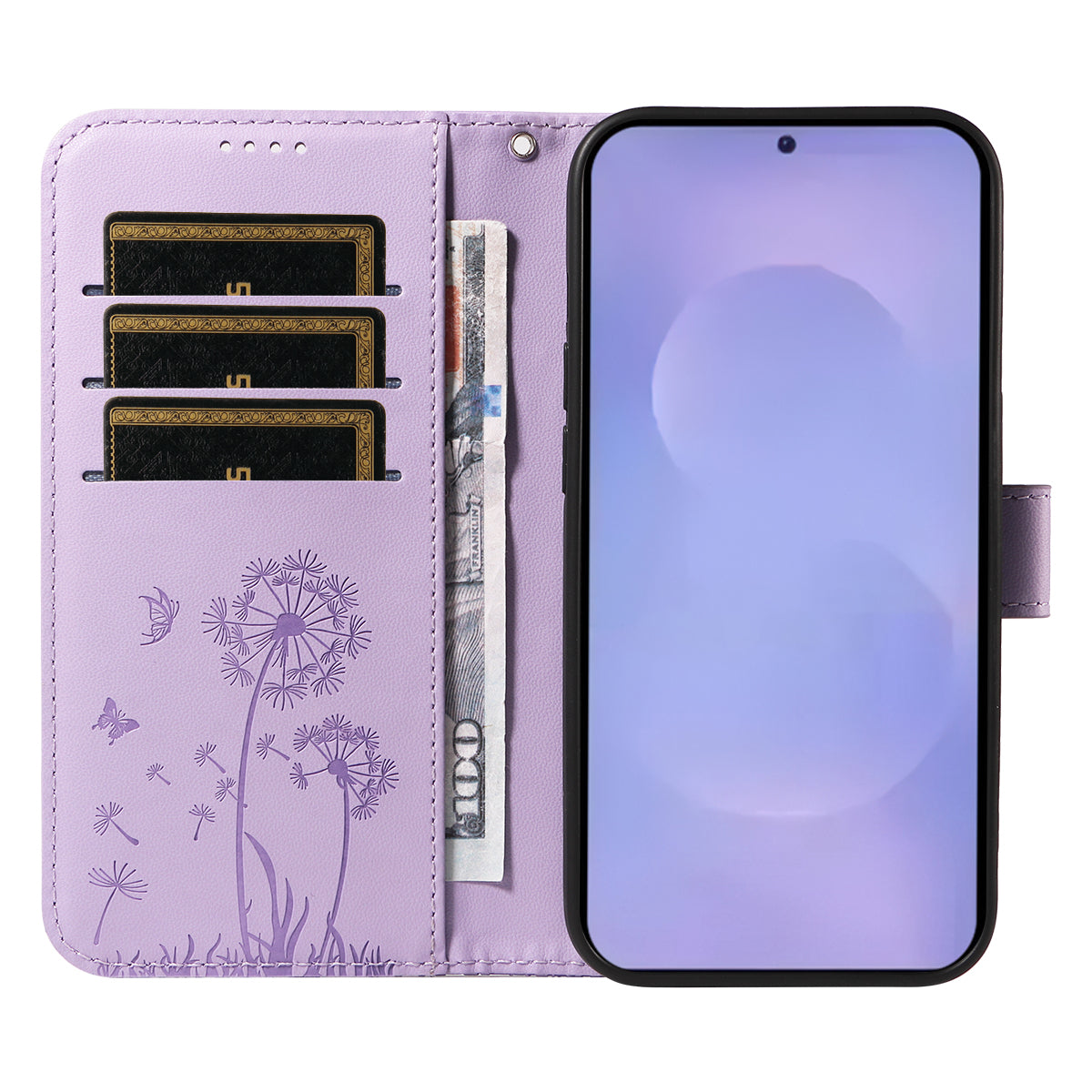 For-Samsung-Galaxy-S26-/-S26-Pro-Leather-Wallet-Case-with-Strap-Dandelion-Imprint-Phone-Stand-Cover-Purple