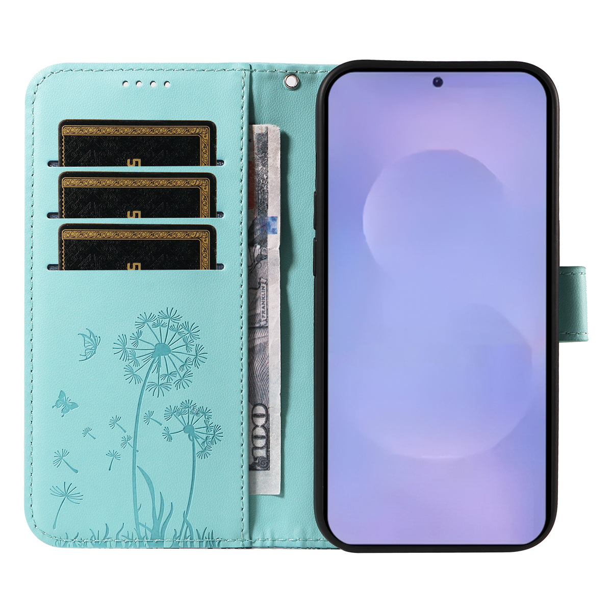 For-Samsung-Galaxy-S26-/-S26-Pro-Leather-Wallet-Case-with-Strap-Dandelion-Imprint-Phone-Stand-Cover-Green