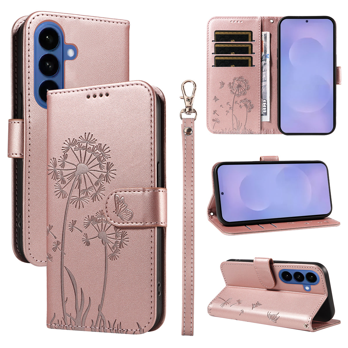For-Samsung-Galaxy-S26-/-S26-Pro-Leather-Wallet-Case-with-Strap-Dandelion-Imprint-Phone-Stand-Cover-Rose-Gold