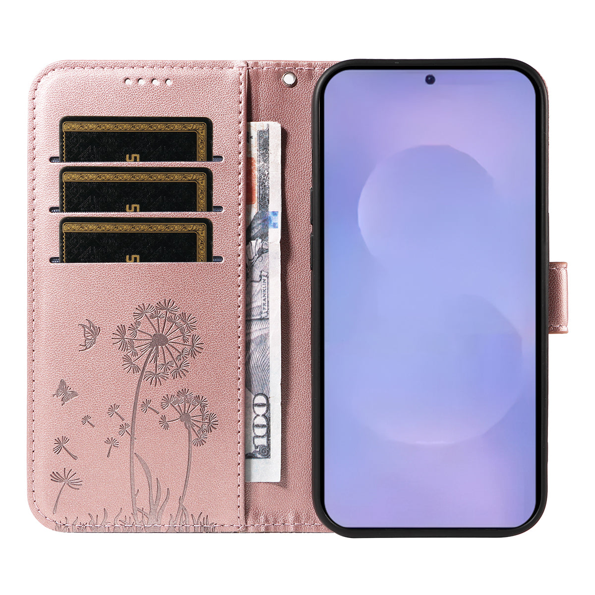 For-Samsung-Galaxy-S26-/-S26-Pro-Leather-Wallet-Case-with-Strap-Dandelion-Imprint-Phone-Stand-Cover-Rose-Gold