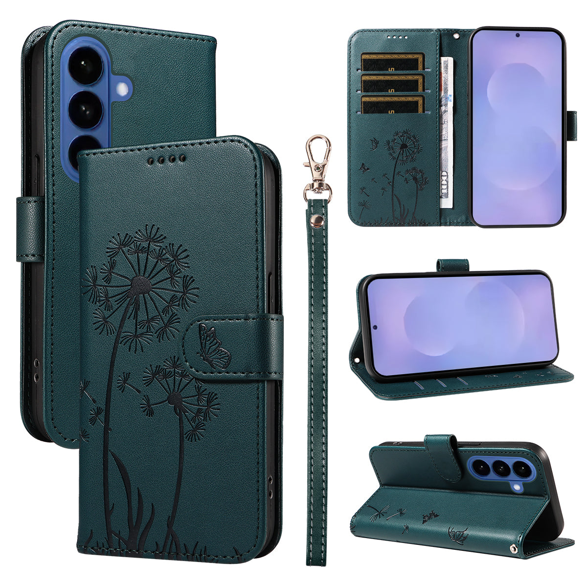 For-Samsung-Galaxy-S26-/-S26-Pro-Leather-Wallet-Case-with-Strap-Dandelion-Imprint-Phone-Stand-Cover-Blue