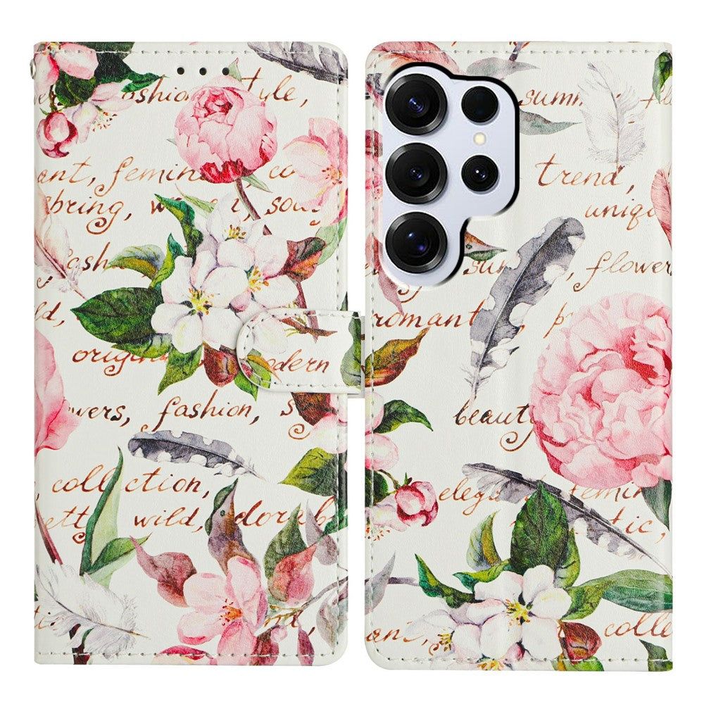 For-Samsung-Galaxy-S26-Ultra-Case-Pattern-Printing-Wallet-Stand-Flip-Leather-Phone-Cover-with-Strap-Green-Leaves-Flowers