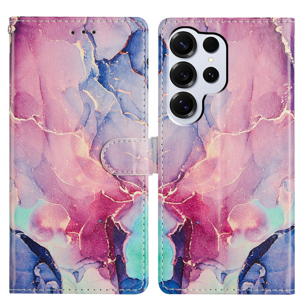 For-Samsung-Galaxy-S26-Ultra-Case-Pattern-Printing-Wallet-Stand-Flip-Leather-Phone-Cover-with-Strap-Green-Pink-Marble