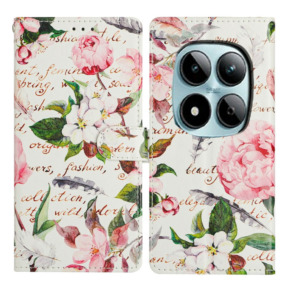 For Xiaomi Poco M8 Pro 5G / Redmi Note 15 Pro+ 5G (Global) Case Pattern Printing Wallet Stand Flip Leather Phone Cover with Strap - Green Leaves Flowers