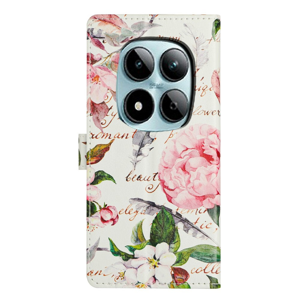 For Xiaomi Poco M8 Pro 5G / Redmi Note 15 Pro+ 5G (Global) Case Pattern Printing Wallet Stand Flip Leather Phone Cover with Strap - Green Leaves Flowers