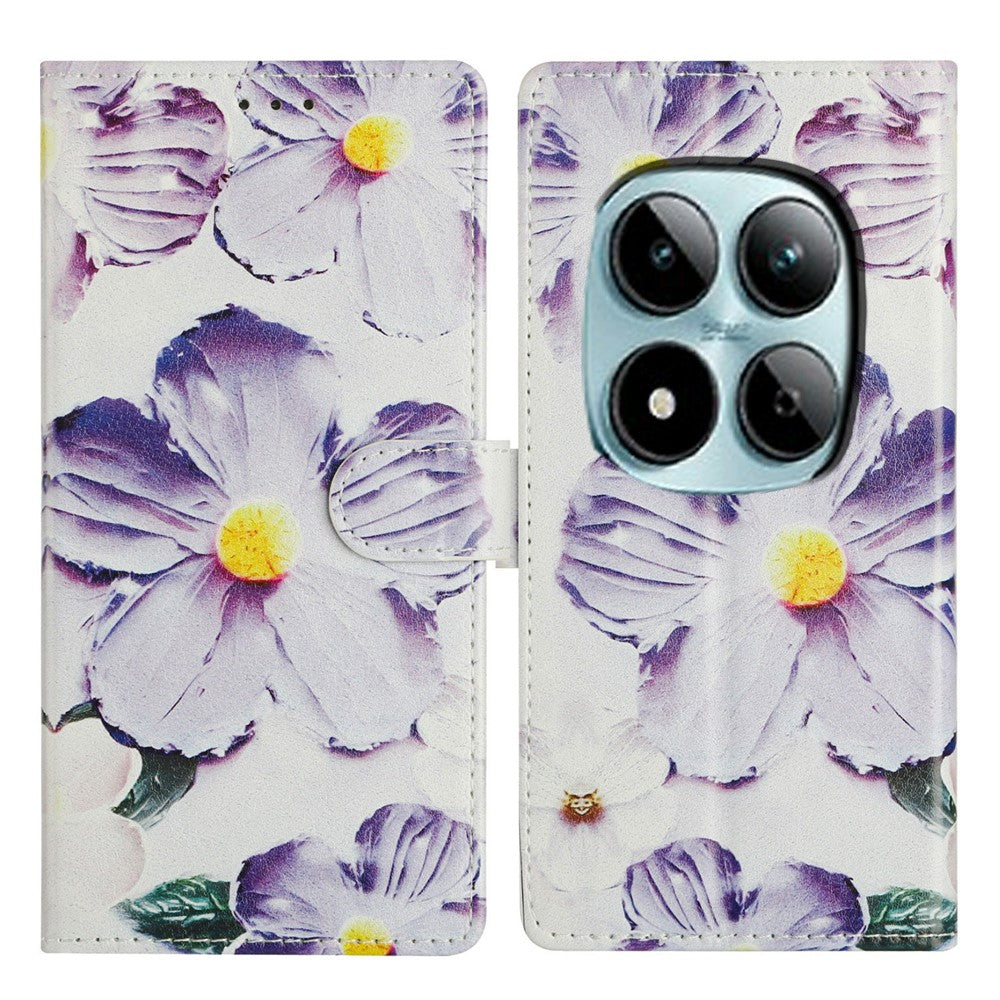 For Xiaomi Poco M8 Pro 5G / Redmi Note 15 Pro+ 5G (Global) Case Pattern Printing Wallet Stand Flip Leather Phone Cover with Strap - Purple Flower
