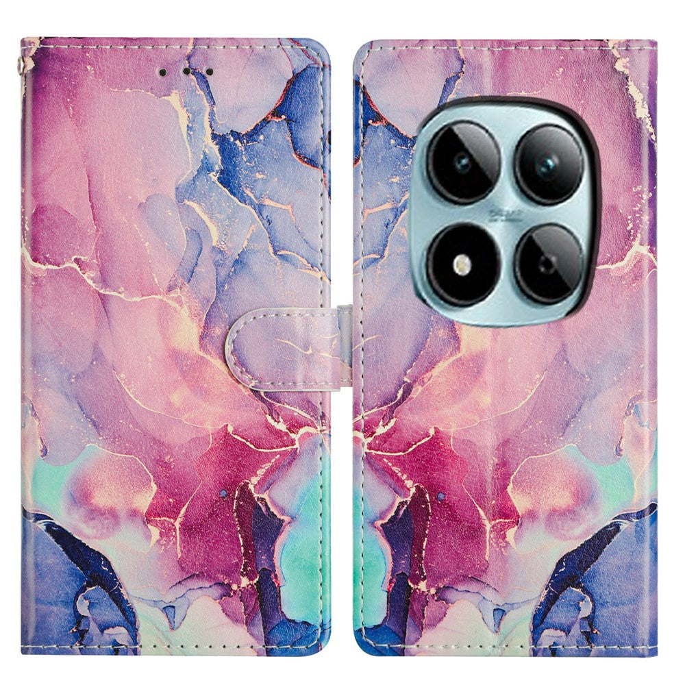 For Xiaomi Poco M8 Pro 5G / Redmi Note 15 Pro+ 5G (Global) Case Pattern Printing Wallet Stand Flip Leather Phone Cover with Strap - Green Pink Marble