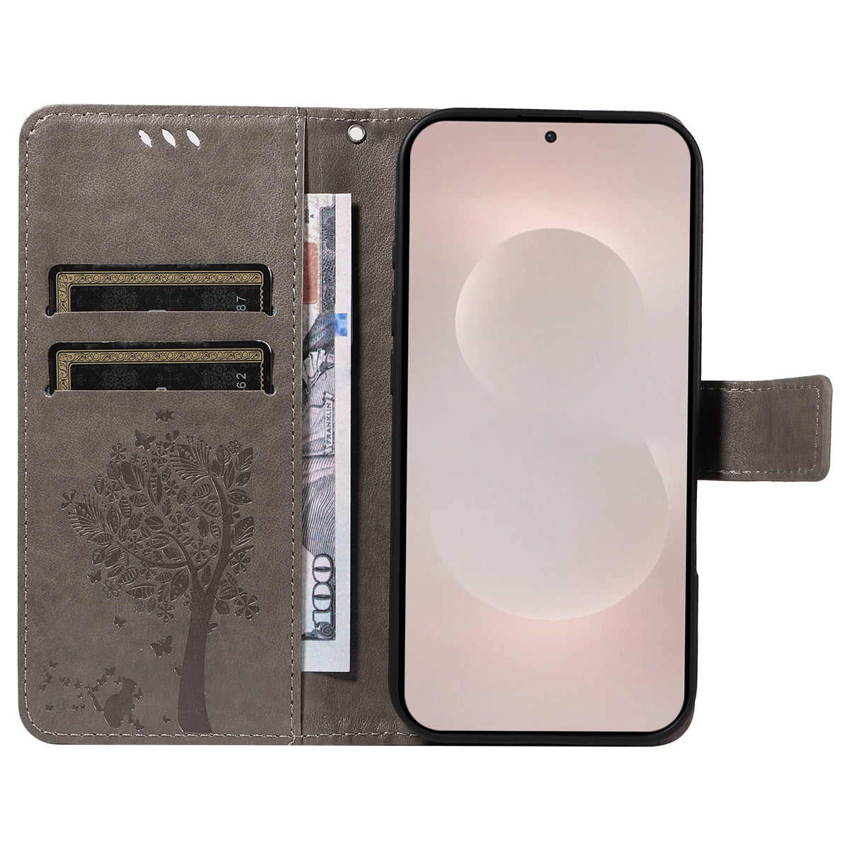 For-Samsung-Galaxy-S26-Edge-Phone-Case-with-Stand-Cat-Tree-Pattern-Leather-Wallet-Mobile-Cover-Grey