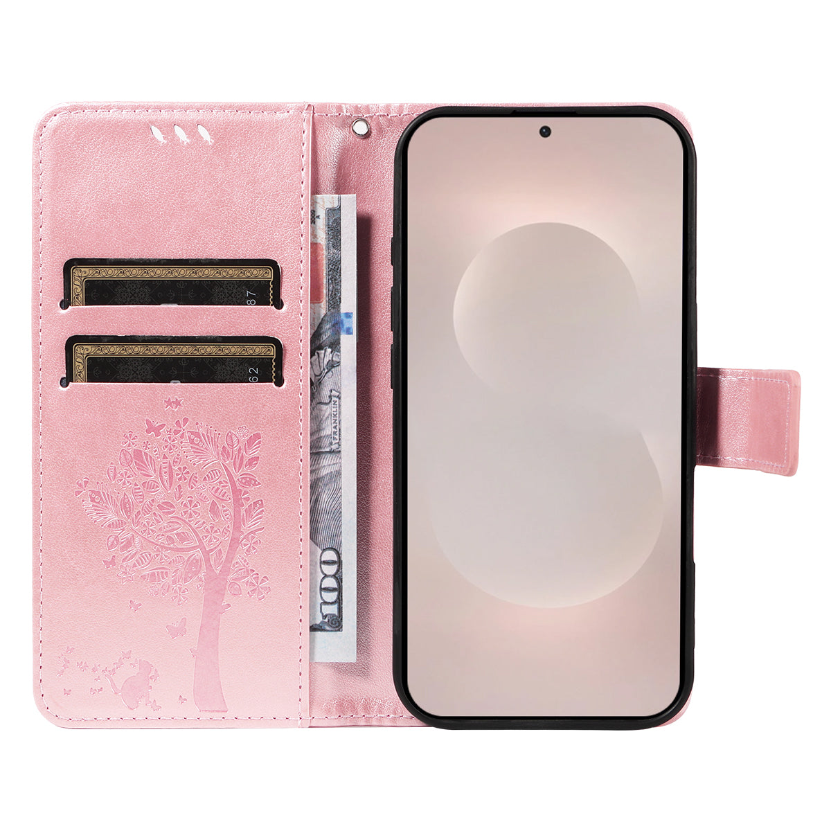 For-Samsung-Galaxy-S26-Edge-Phone-Case-with-Stand-Cat-Tree-Pattern-Leather-Wallet-Mobile-Cover-Rose-Gold