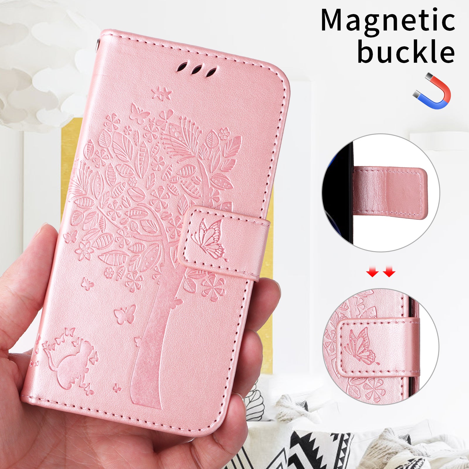 For-Samsung-Galaxy-S26-Edge-Phone-Case-with-Stand-Cat-Tree-Pattern-Leather-Wallet-Mobile-Cover-Rose-Gold