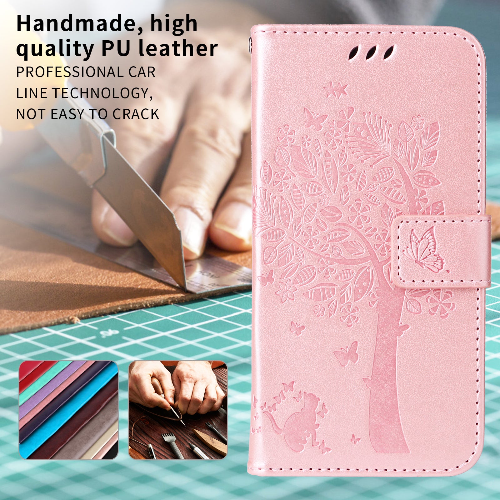 For-Samsung-Galaxy-S26-Edge-Phone-Case-with-Stand-Cat-Tree-Pattern-Leather-Wallet-Mobile-Cover-Rose-Gold